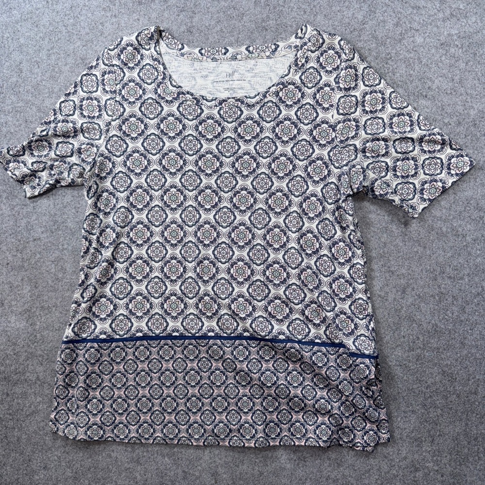 J. Jill Womens Pima Scoop Neck Tee Medium Blue Pink Medallion 100% Pima Cotton